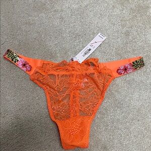 Victoria's Secret Neon Orange Lace Thong with Embellished Sides